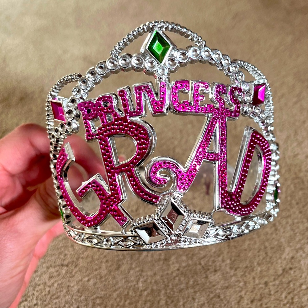 “Princess Grad” sparkly crown, plastic, bejeweled, clips for hair, pink letters